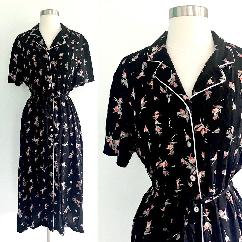 Vintage 90’s Does 40’s Black & Pink Floral Rayon … - image 1